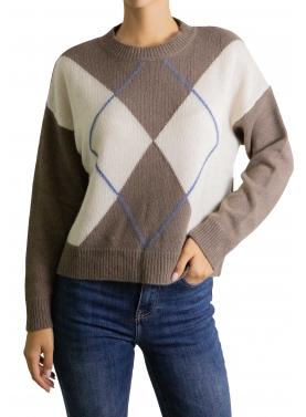 Maglione con rombi bicolore girocollo misto cashmere